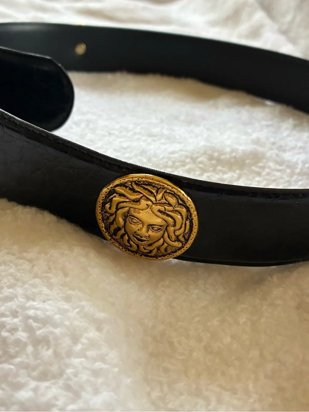 Black Leather Belt with Gold Medallion and Chain Accent